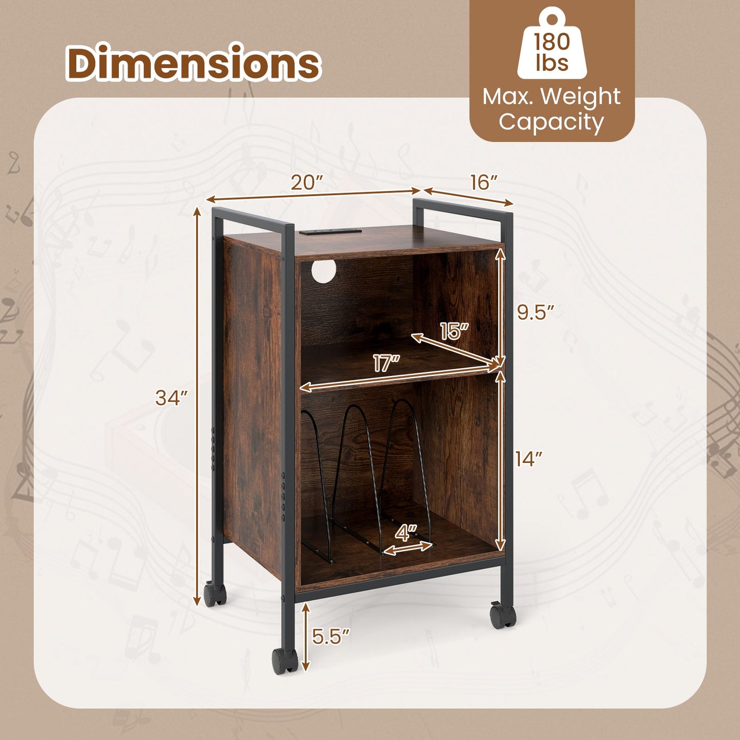 Mobile Record Player Stand with Power Outlet-Rustic Brown